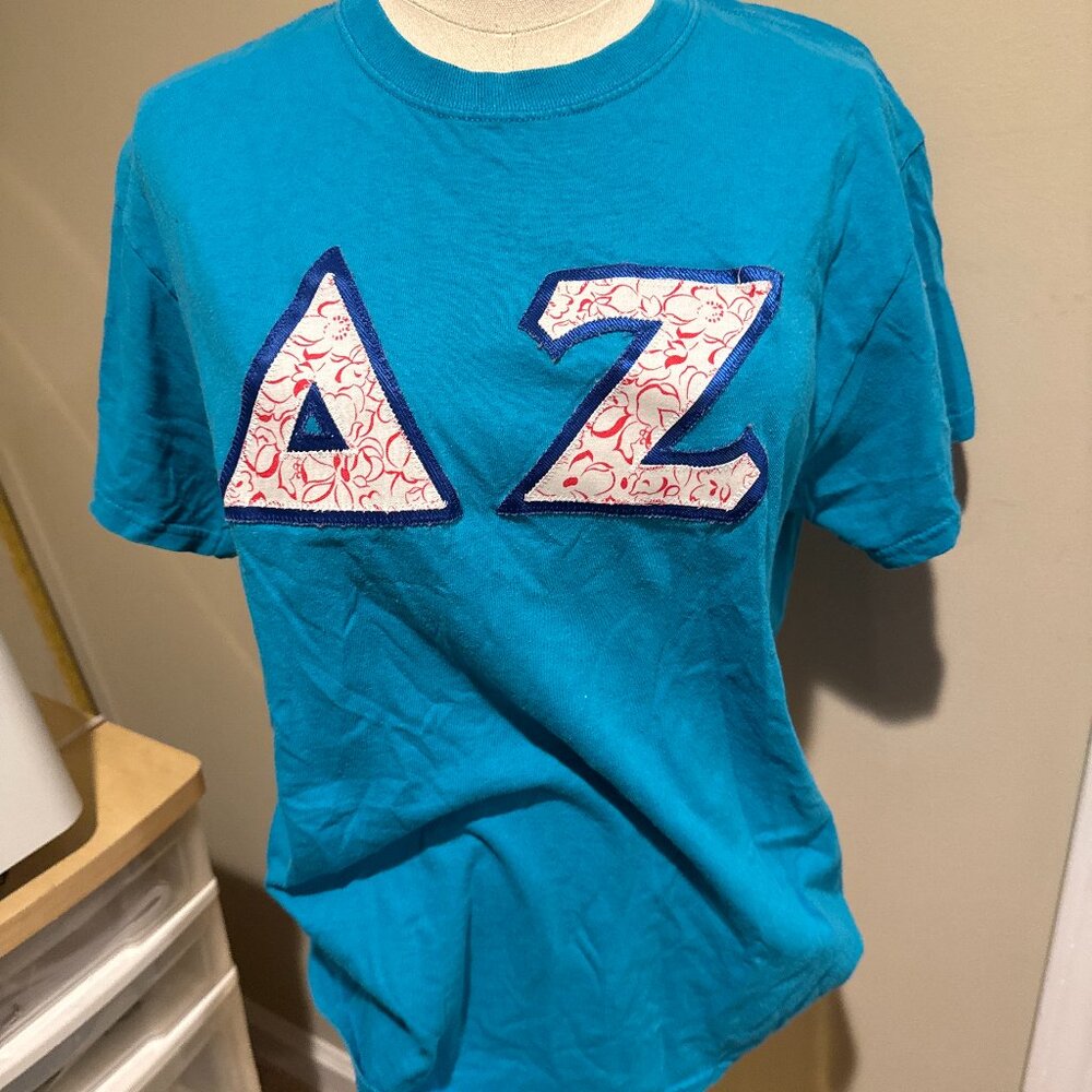 Sorority Delta Zeta Blue Aqua Block Lettering Tshirt Adult Medium